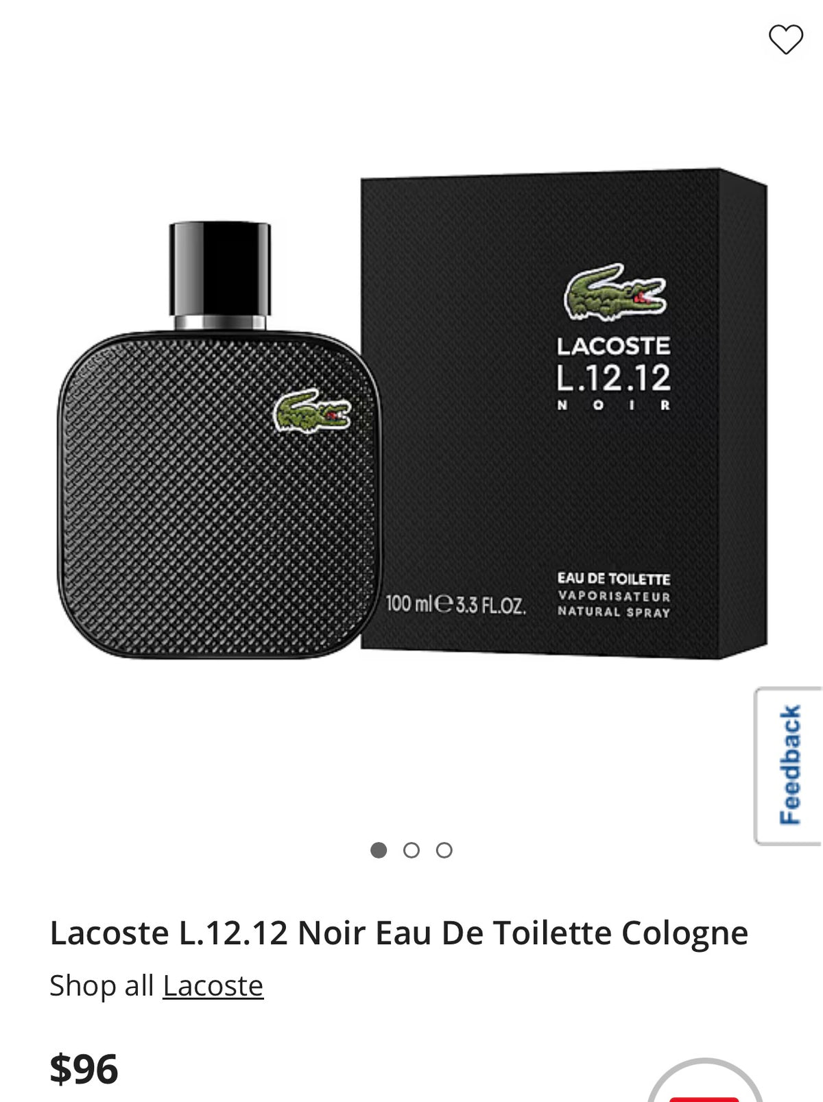 Lacoste L.12.12 Noir EDT Mens 3.3oz(100mL)